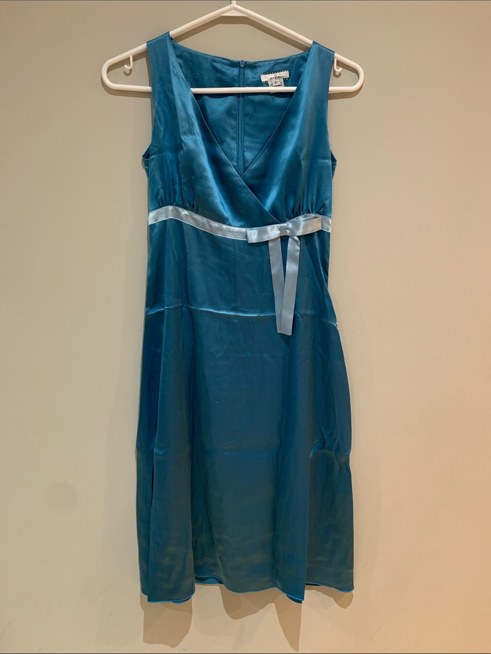 VINTAGE - KENZIE Teal SILK V-Neck Sleeveless Dress with Waist Ribbon